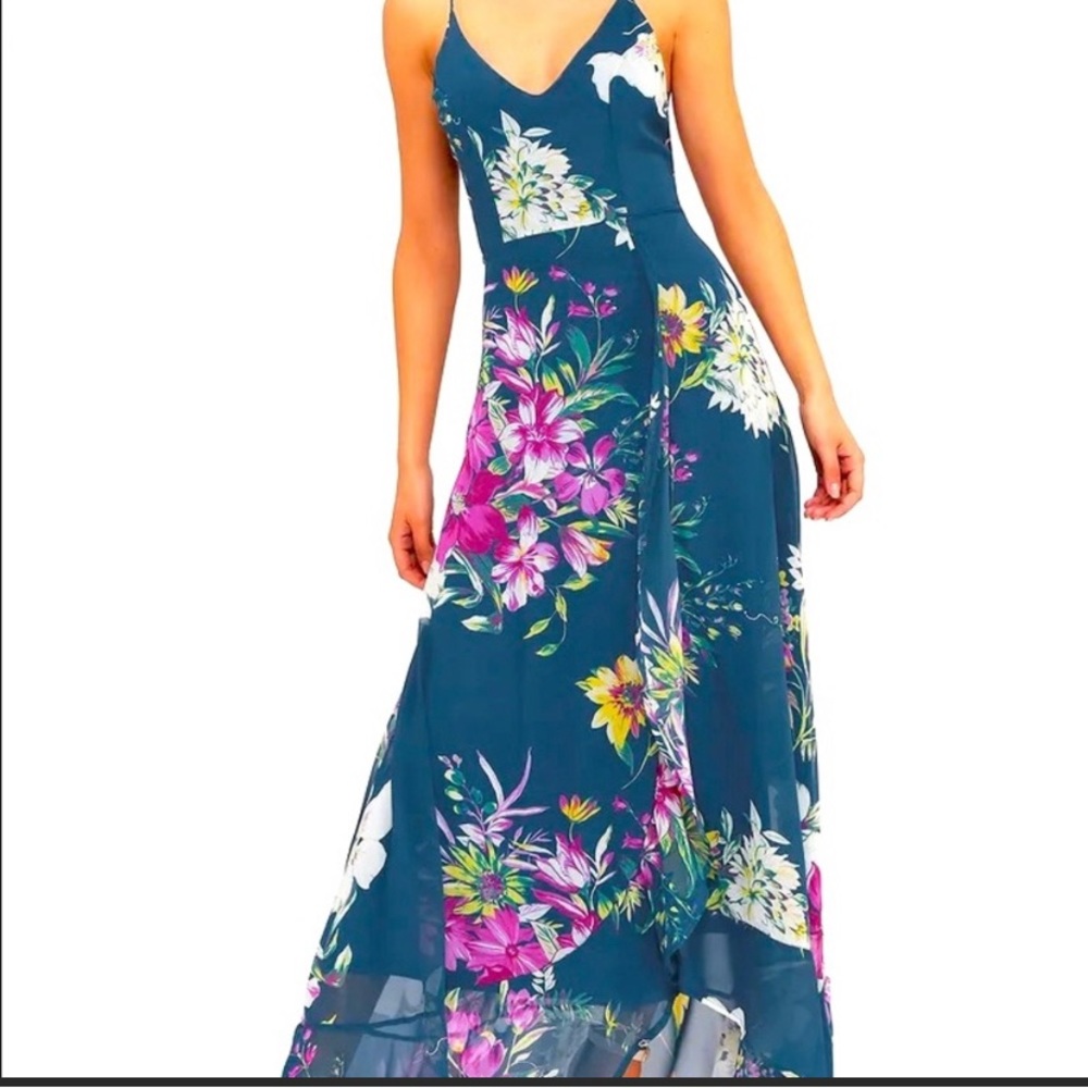 Lulus Maxi Dress Size Small Like New Teal Floral Print. Flows Beautifully. - Picture 2 of 11